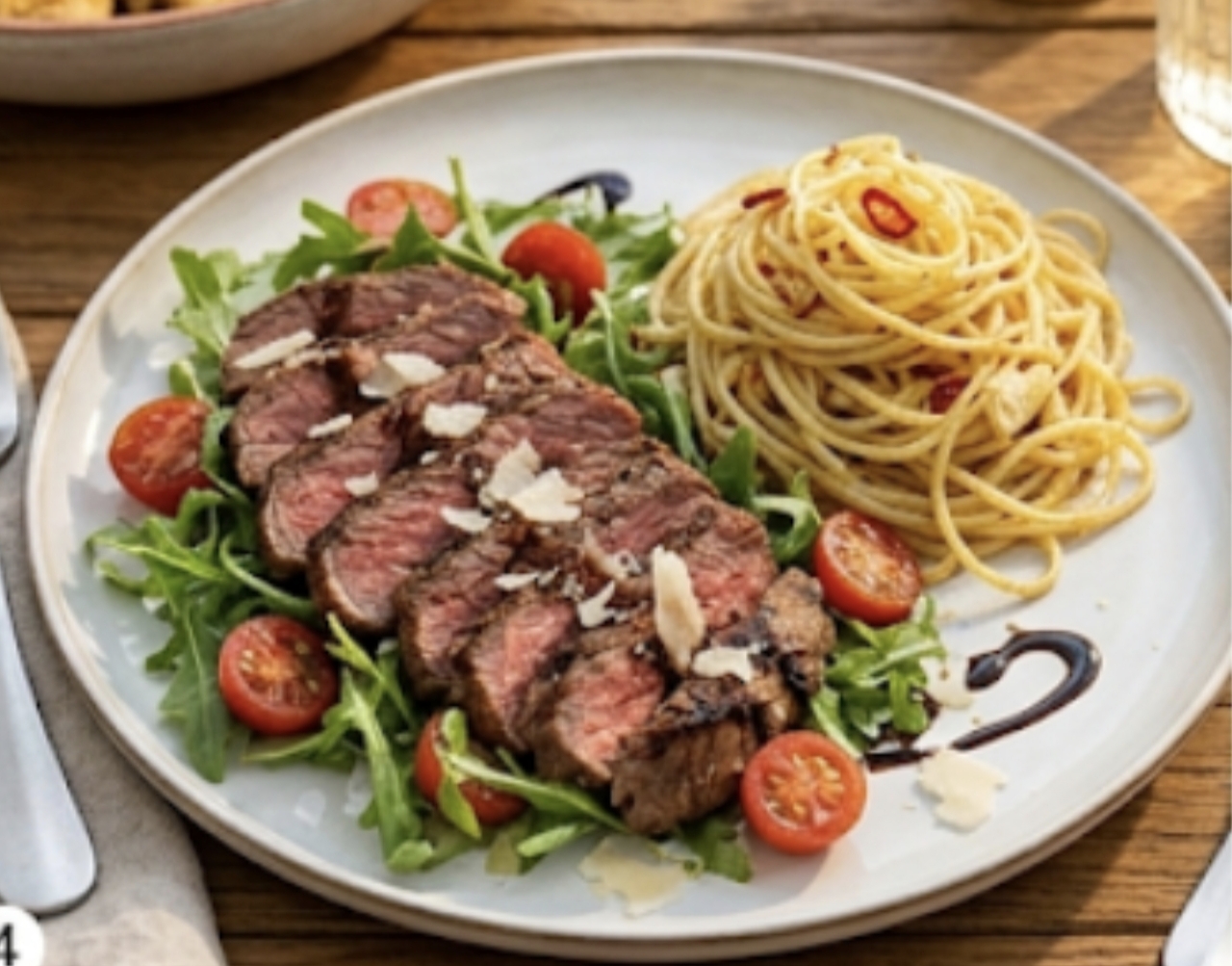 Tagliata mit Ruccola, Tomate, Parmesan und Spaghetti Alio Olio